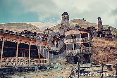 Small village Dartlo with traditional stone buildings and defensive towers in Tusheti. Adventure holiday. Travel to Georgia. Green Stock Photo