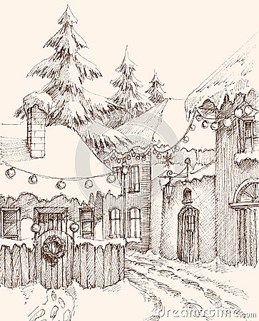 Small village houses decorated for Christmas Vector Illustration