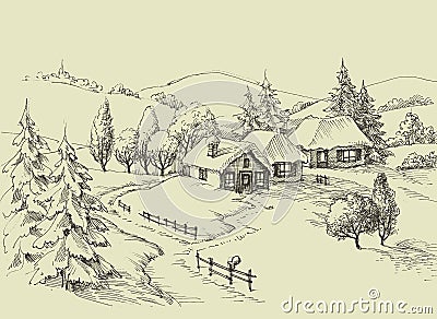 Small village idyllic landscape Vector Illustration