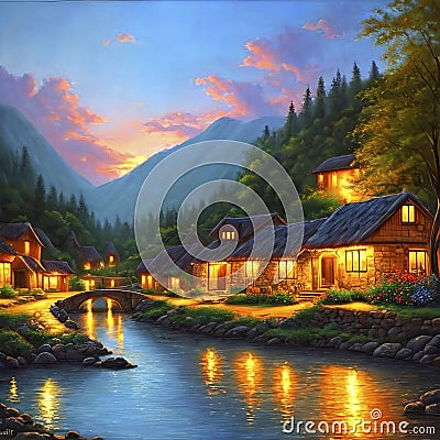 Small village lit up at dawn Stock Photo