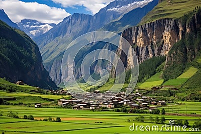 small village nestled at base of towering mountain Stock Photo