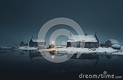 Small village sits on frozen lakeside, cold weather conditions Stock Photo