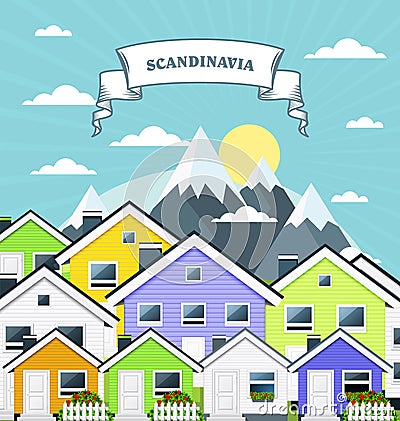 Small village in Norway, Scandinavia - variegated country town houses and mountains Vector Illustration