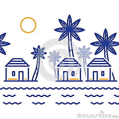 Small village among palm trees, three bungalows by river or lake Vector Illustration
