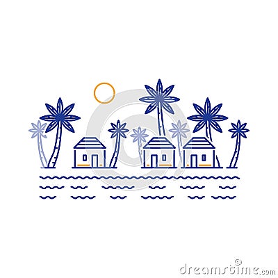 Small village among palm trees, three bungalows by river or lake Vector Illustration