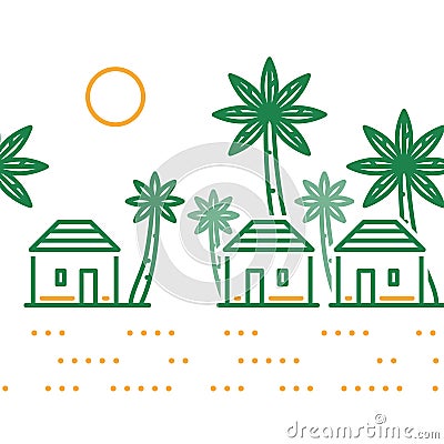 Small village among palm trees, three bungalows Vector Illustration