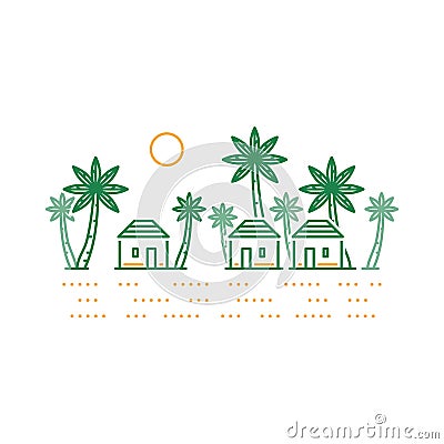 Small village among palm trees, three bungalows Vector Illustration