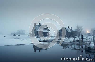 Small village sits on frozen lakeside, cold weather conditions Stock Photo