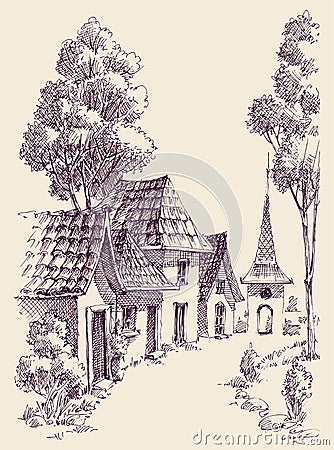 Small village streets and buildings Vector Illustration