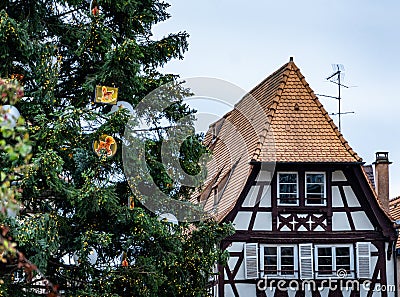 Small vintage house roof and a decorated pine tree in Petit France, Strasbourg Stock Photo