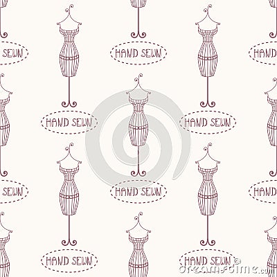 Small vintage iron mannequin seamless pattern with inscription hand sewn Vector Illustration