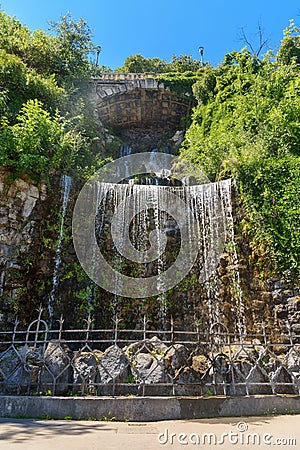 Small waterfall at the bottom of the Budapest Citadel. Waterfall in city park, Budapest. Editorial Stock Photo