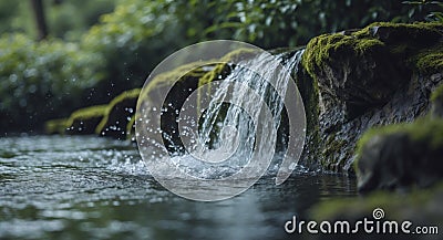 Small waterfall flows over rock creating dynamic cascade and splashes of water Stock Photo