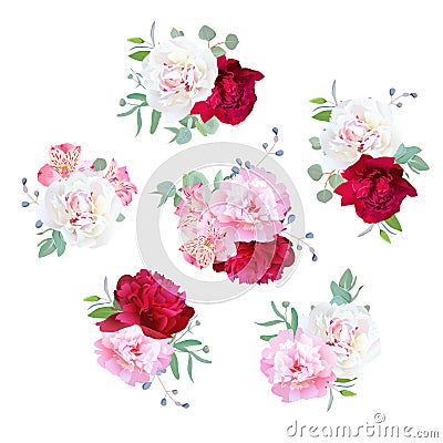 Small wedding floral bouquets of peony, alstroemeria lily, mint eucaliptus. Vector Illustration
