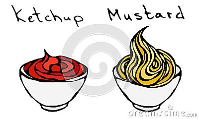 Small White Bowl of Red Tomato Ketchup and Mustard. Sauce Italian Cuisine, Pizza, Fast Food and Beer Snacks like French Fries or P Stock Photo