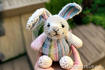 Small white bunny in hands cute kits knitted toys Stock Photo