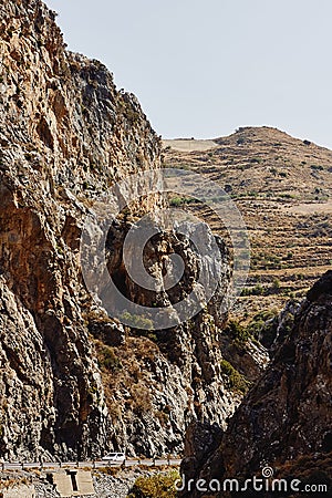 Car rides along the road through the Kourtaliotiko Gorge, Crete, Greece Stock Photo