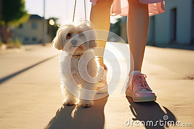 Small white dog walking along street with girl owner in pink shoes and dress Stock Photo