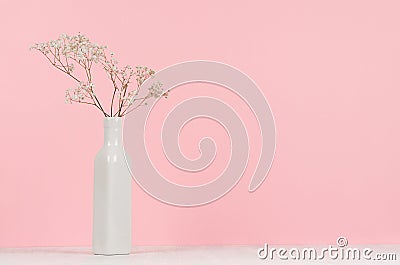 Small white dried flowers in elegant high ceramic vase on soft pastel pink background, copy space. Stock Photo