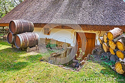 The small white hata house, Mamajeva Sloboda Cossack Village, Kyiv, Ukraine Stock Photo