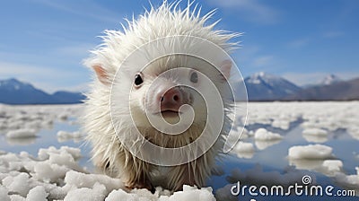 A small white hedgehog standing on top of a pile of snow, AI Stock Photo