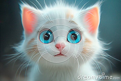 A small white kitten with big blue eyes looks surprised close-up. Emotions of shock, surprise and fright. Stock Photo