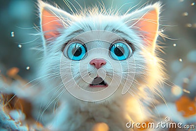 A small white kitten with big blue eyes looks surprised close-up. Emotions of wow, shock, surprise and fright. Stock Photo