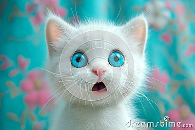 A small white kitten with big blue eyes looks surprised close-up. Emotions of wow, shock, surprise and fright. Stock Photo