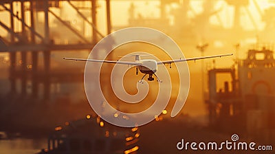 A small white military UAV flies over the city against the sunset background. The drone flies low above the ground and takes Stock Photo