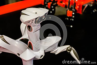 Small white mini robot on four legs at a high technology exhibition. High tech concept Stock Photo
