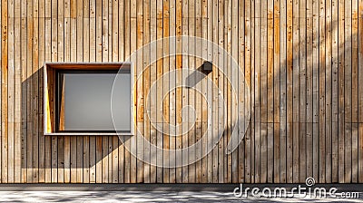 Small window frame in a wooden house wall, exterior background Stock Photo