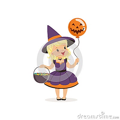 Small witch girl holding bowler full of candies and balloon with scary face, cute kid in halloween costume vector Vector Illustration