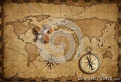 Small wood airplane over world nautical map as travel and communication concept Stock Photo