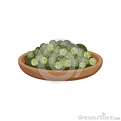 Wooden bowl of dried green peppercorns. Aromatic seasoning. Natural spice. Fragrant condiment. Flat vector icon Vector Illustration