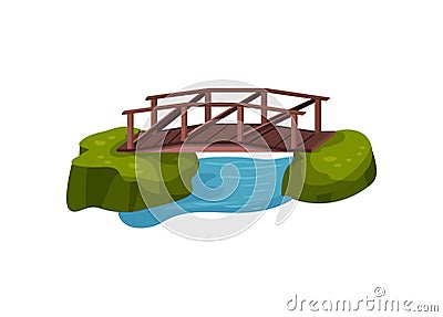 Small wooden bridge over blue pond or river. Outdoor object for city park. Cartoon landscape design. Flat vector Vector Illustration