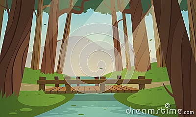 Small wooden bridge in the woods Vector Illustration