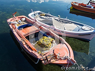 Small Wooden Fishing Boats, Greece Stock Photo