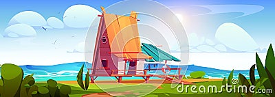 Small wooden fishing hut on coast of sea or ocean. Stock Photo