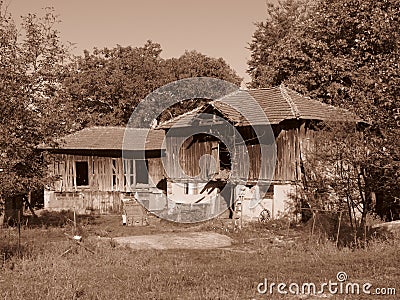 Small wooden house surrounded by trees. Mountain shabby hut image of outdoor. Sepia colour. Stock Photo