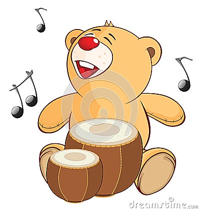 Illustration of a Stuffed Toy Bear Cub Drummer. Cartoon Character Vector Illustration