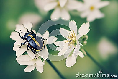 Small with yellow stripes on back of beetle on flower in nature. Stock Photo