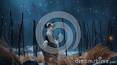 Mysterious Jungle: A Captivating Visual Storytelling With A Small Zebra In The Snow Stock Photo