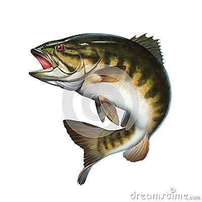 Smallmouth bass jumps out of water illustration isolate realistic. Cartoon Illustration