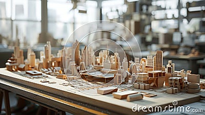 Smallscale models of potential products are lined up on a workbench each one created using AR design and prototyping Stock Photo