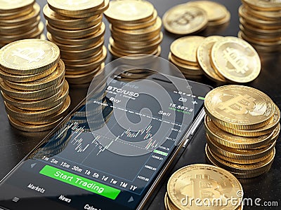 Smarphone with trade application and Stacks of Bitcoins. Trading cryptocurrency concept Stock Photo