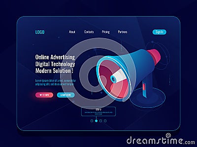 Smart advertising online concept, Loudspeaker Megaphone isometric icon, promotion social media dark neon Vector Illustration