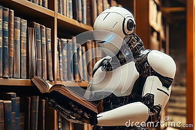 Smart AI robot are reading textbooks in the library, to study knowledge in working with or replacing human beings in the future, Stock Photo