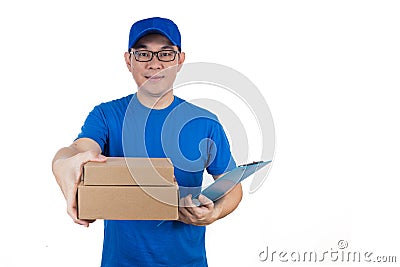 Smart Asian Chinese delivery guy in uniform delivering parcel Stock Photo