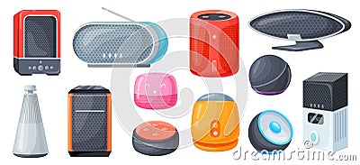 Smart assistant speakers. Home music speaker voice interacting, wireless electronic device digital ai connection audio Cartoon Illustration