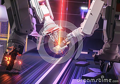 Smart automation industry robot in action welding metall - industry 4.0 concept Stock Photo